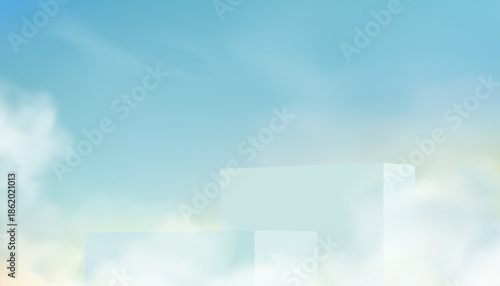 Background Podium on Sky Blue,3d blue podium platform on white cloud for cosmetic product display,Summer sunrise banner with abstract mockup stand stage,Vector Nature spring sky for Easter banner