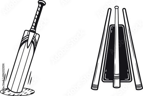 Cricket Bat and Stumps Vector Illustration – Line Art Sports Equipment