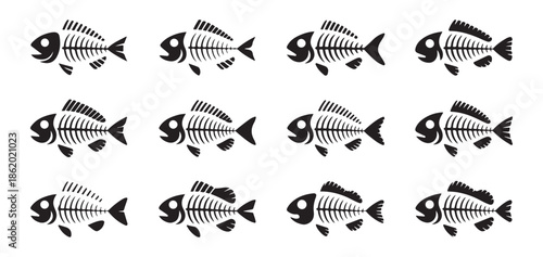 Collection of simple cartoon fish skeletons icons isolated on white background, illustration set