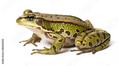 Green Leopard Frog with Distinctive Dark Spots on a Light Neutral Background