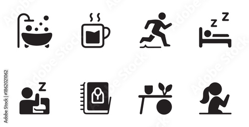 Daily routine icon set featuring self care activities like bathing drinking tea running and sleeping in flat style