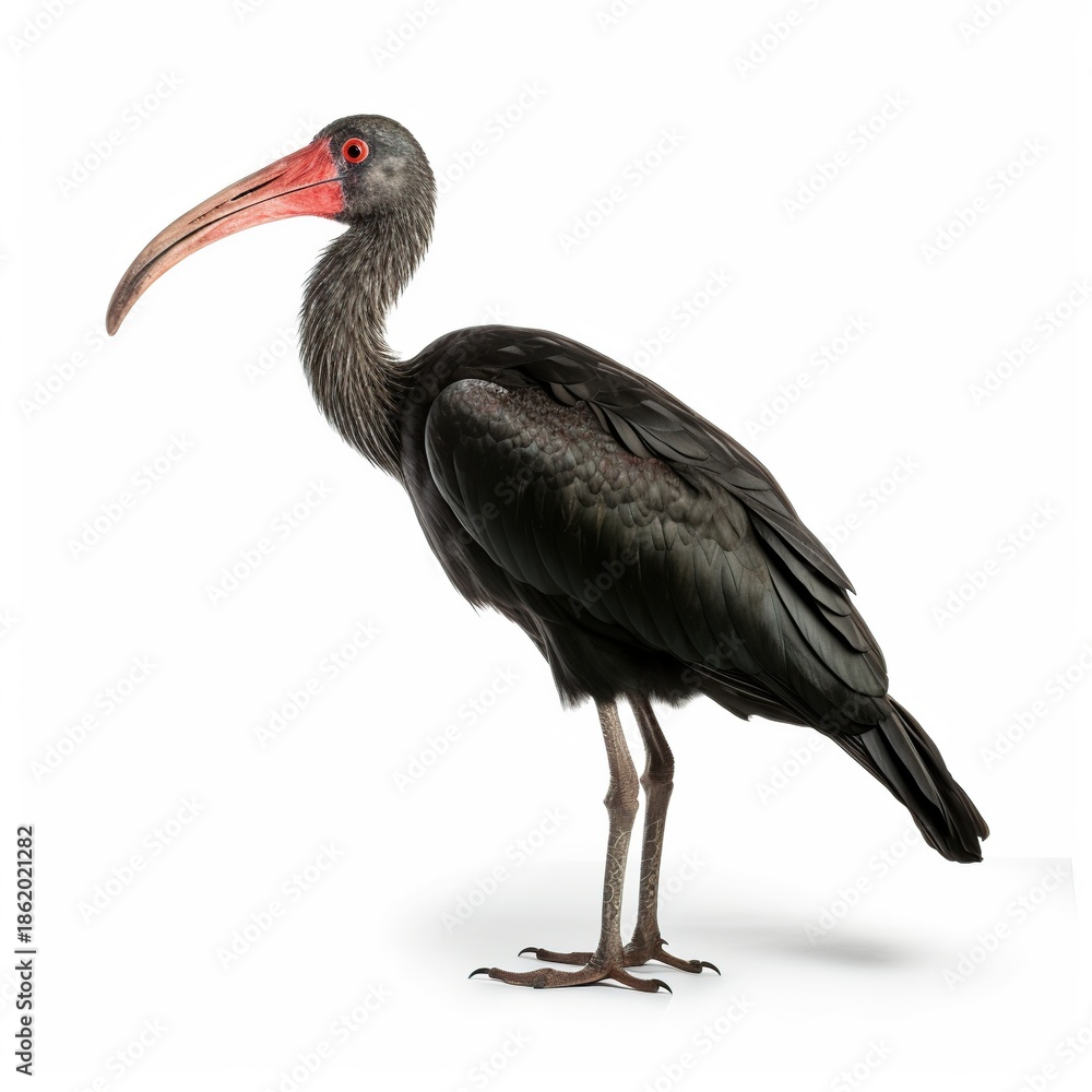 Fototapeta premium Large Black Ibis with Red Facial Patch and Highly Curved Crimson Beak Against White Background