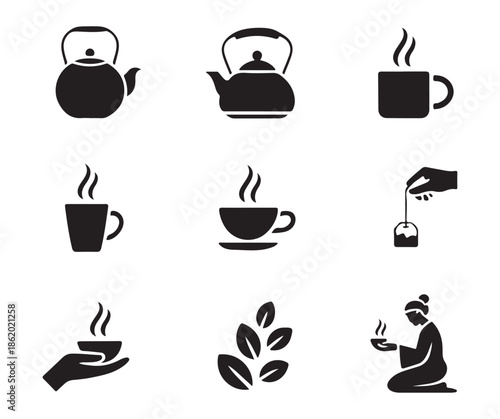 Traditional tea culture icon collection with ceramic kettles steaming mugs tea bags and ceremonial drinking figures