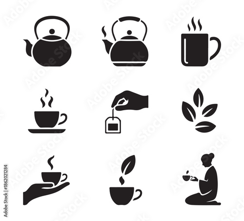 Black glyph icons of tea making ceremony, hot beverage preparation, and tea time essentials on white background