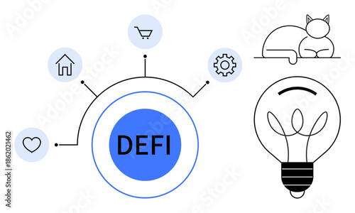 Decentralized finance, innovation, investment trends, design, technological advancement, user interaction. Central DEFI circle linked to icons of heart, house, shopping cart settings gear