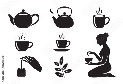 Collection of black glyph icons illustrating tea preparation, hot beverages, and tea ceremony elements on white