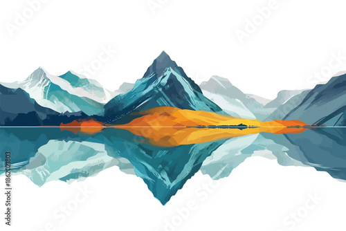 Mountain Lake Reflecting Peaks isolated illustration