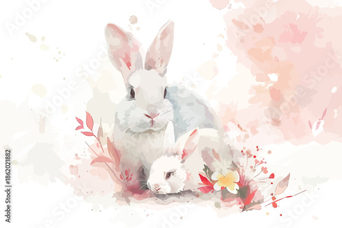 Set of Rabbits on Floral Watercolor Background isolated illustration
