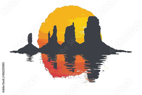 Sunset Over Volcanic Rock Formations isolated illustration
