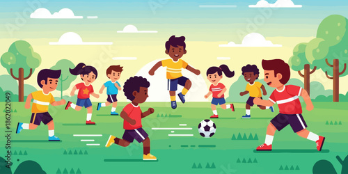 Diverse Group of Kids Playing Soccer in the Park Illustration