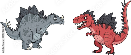 Cartoon dinosaurs facing each other, angry red predator and sad gray stegosaurus style creature, prehistoric fantasy animal character illustration