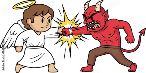 Cartoon angel and devil fighting with dramatic punch impact, good versus evil conflict concept in cute comic illustration