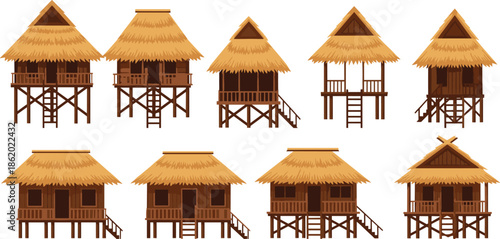 Collection of traditional wooden stilt huts with thatched roofs, tropical village house architecture set, rural bamboo home illustration