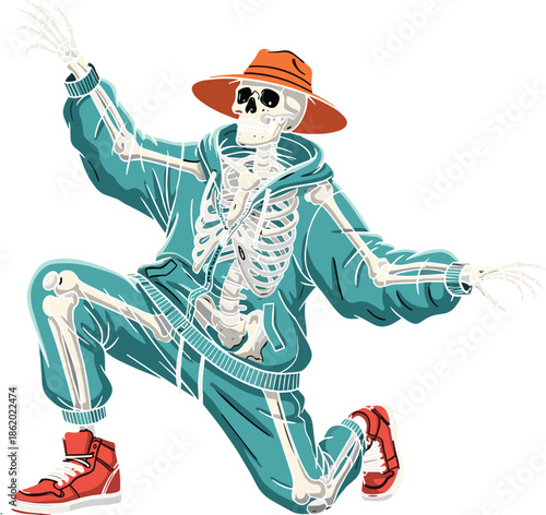 Cool dancing skeleton in hoodie and sneakers, urban street style character illustration with hat, hip hop fashion design artwork