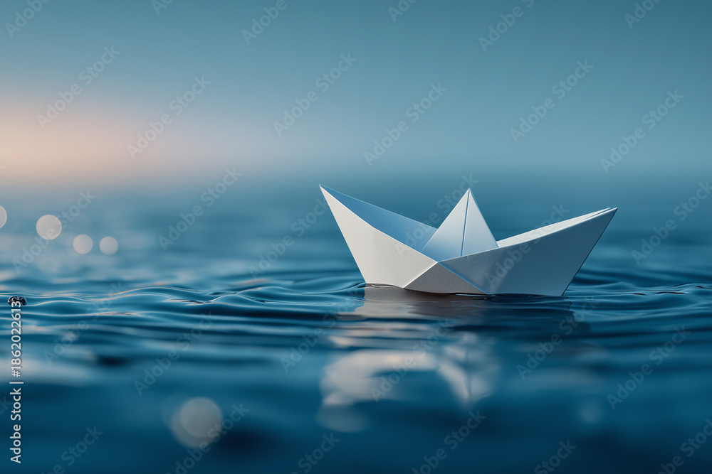Obraz premium paper boat in the middle of ocean, concept of lone journey of success