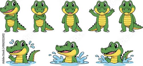 Cute cartoon crocodile character in different poses on land and in water, funny animal mascot illustration set for kids design
