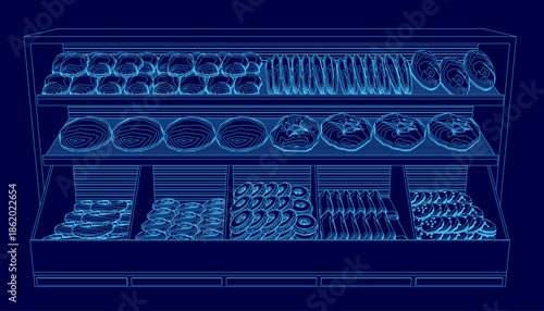 A blue contour line drawing depicts a bakery display case filled with an assortment of donuts on a deep blue background.
