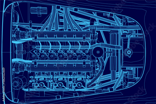 Blueprint of a sports car engine with detailed mechanical contours, isolated on a solid blue background for technical presentations.