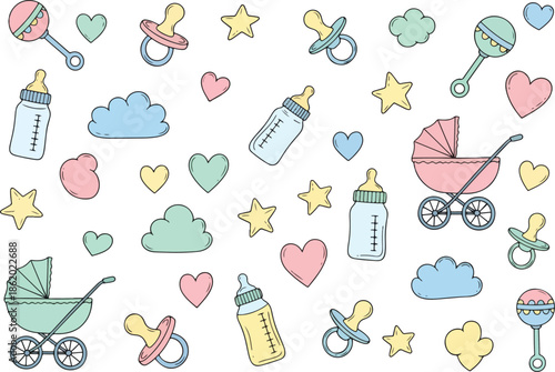 Seamless pattern featuring baby items bottles pacifiers rattles strollers hearts stars and clouds