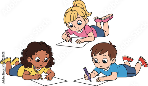 Cute children drawing on the floor with pencils and paper, happy kids creative activity cartoon illustration for education design