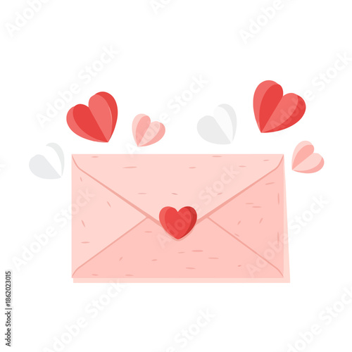 Pink love letter envelope with flying hearts, Valentine's Day concept, romantic communication