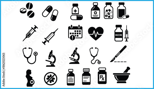 Set of 20 black line icons for medical and healthcare themes including pills, syringes, stethoscope, and heart monitor for vector illustration content