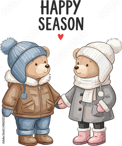 Happy season winter illustration of cute teddy bears holding hands wearing warm clothes spreading love friendship joy and holiday charm