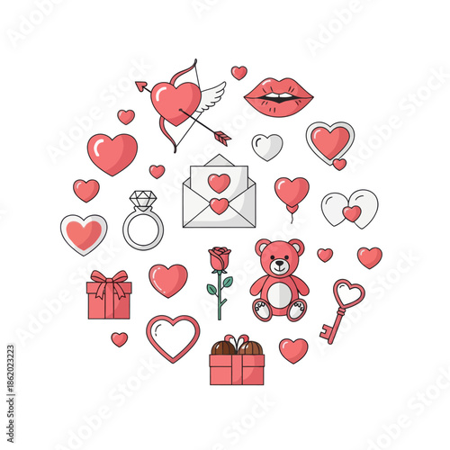 Valentine's Day Icons: Love, Romance, Gifts, Hearts, Teddy Bear, Ring, Rose, Lips, Arrow