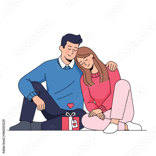 Couple Embracing Happy Together Sitting on Floor with Gift Box, Love Valentine's Day