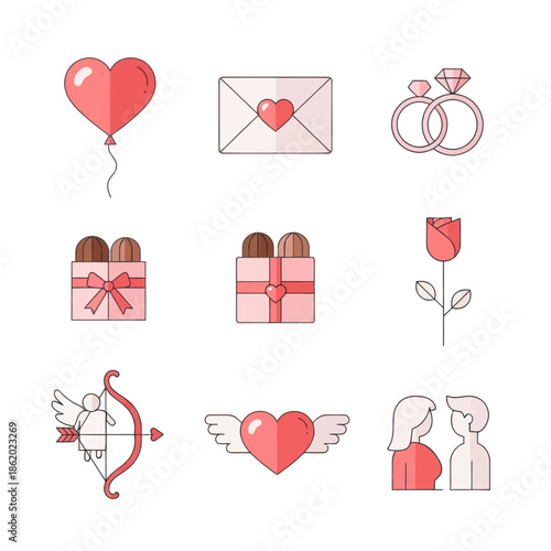 Valentine's Day Icons: Heart Balloon, Love Letter, Rings, Gifts, Rose, Cupid, Couple