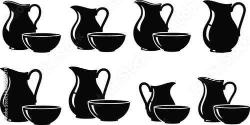 Black pitcher and bowl illustration perfect for design projects on transparent background silhouette