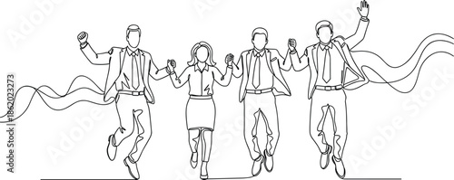 Minimal Line Art Business Team Jumping Together Celebrating Success Unity Motivation Achievement Corporate Collaboration Illustration Concept