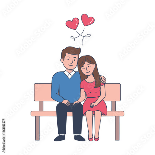 Couple in love sitting on bench with heart balloons, romantic illustration