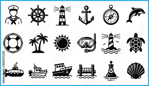 Set of 20 black line icons for nautical, marine, and beach themes, ideal for vector illustration content
