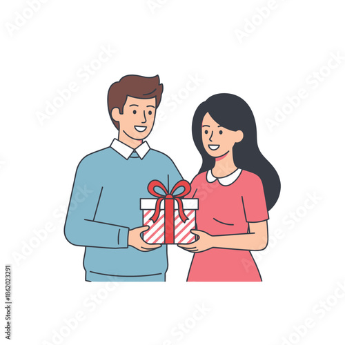 Man giving woman a surprise gift with red ribbon, illustration, happy couple celebrating special occasion