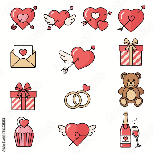 Valentine's Day Icons: Hearts, Gifts, Teddy Bear, Rings, Cupcake, Champagne and Love Letter