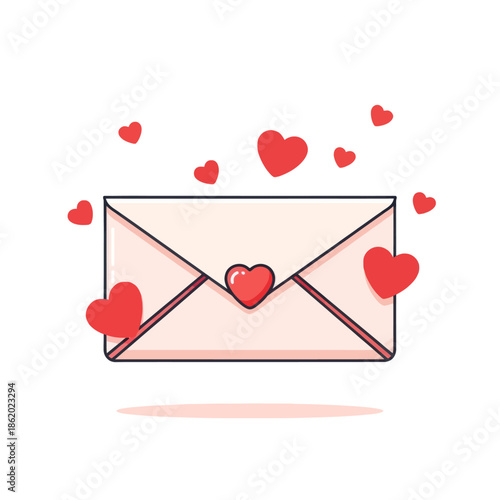 Love Letter Envelope with Hearts Floating Around - Valentine's Day Concept Illustration