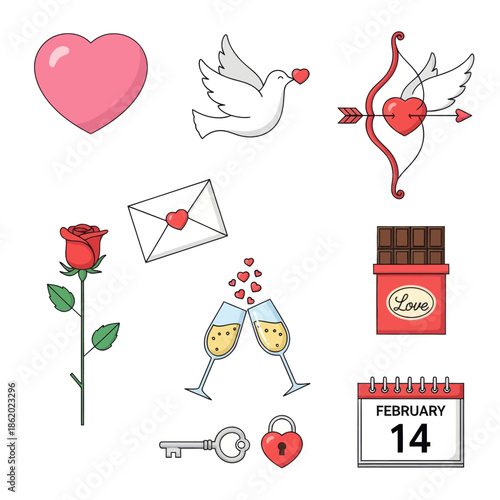 Valentine's Day Icons: Love Symbols, Rose, Dove, Heart, Champagne, Chocolate, Calendar