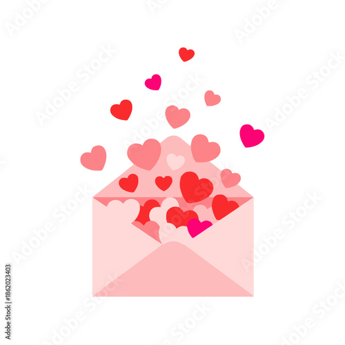 Pink Envelope Overflowing with Red and Pink Hearts, Love Message Concept