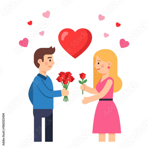 Couple Sharing Love with Flowers and Hearts
