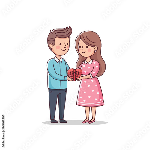 Couple Sharing Heart Gift Box, Valentine's Day Romance, Sweethearts Giving Present