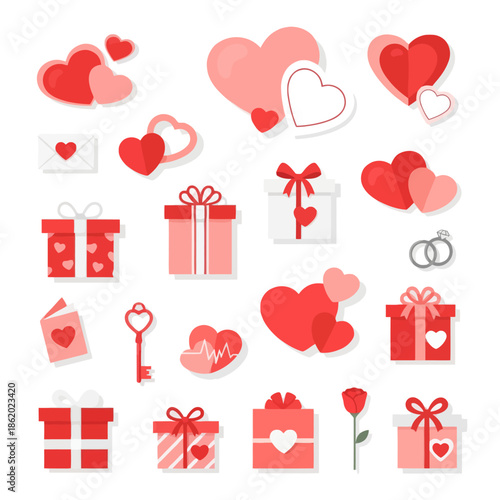 Valentine's Day Love Icons: Hearts, Gifts, Rings, Rose, Key & Envelope - Romantic Symbols