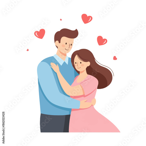 Loving Couple Hugging with Hearts Floating Around, Romantic Relationship Illustration