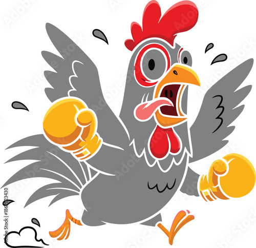 Funny cartoon chicken wearing boxing gloves and running in panic, humorous farm bird character illustration for sports and comedy design