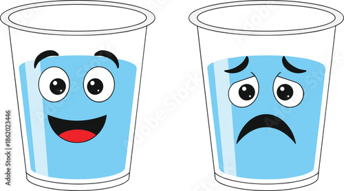 Happy and sad water glass cartoon characters, positive and negative emotion concept illustration for motivation and psychology design