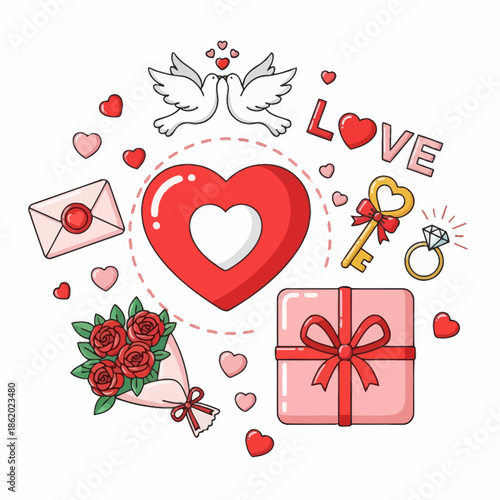 Valentine's Day Love Icons: Hearts, Doves, Roses, Gift, Key, Ring, Envelope