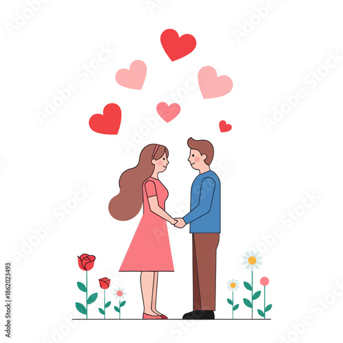 Couple holding hands, surrounded by hearts and flowers, celebrating love and romance
