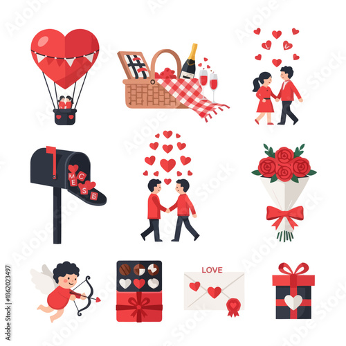 Valentine's Day Romantic Icons Set: Love, Gifts, Couple, Heart, Cupid, Balloon, Picnic