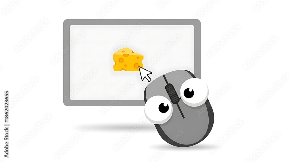 Naklejka premium Cartoon computer mouse clicks on cheese