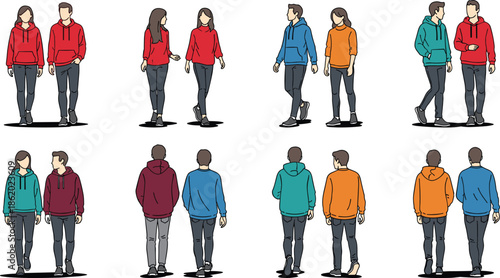 Illustration of young men and women walking together in casual hoodie outfits various poses front and back view characters